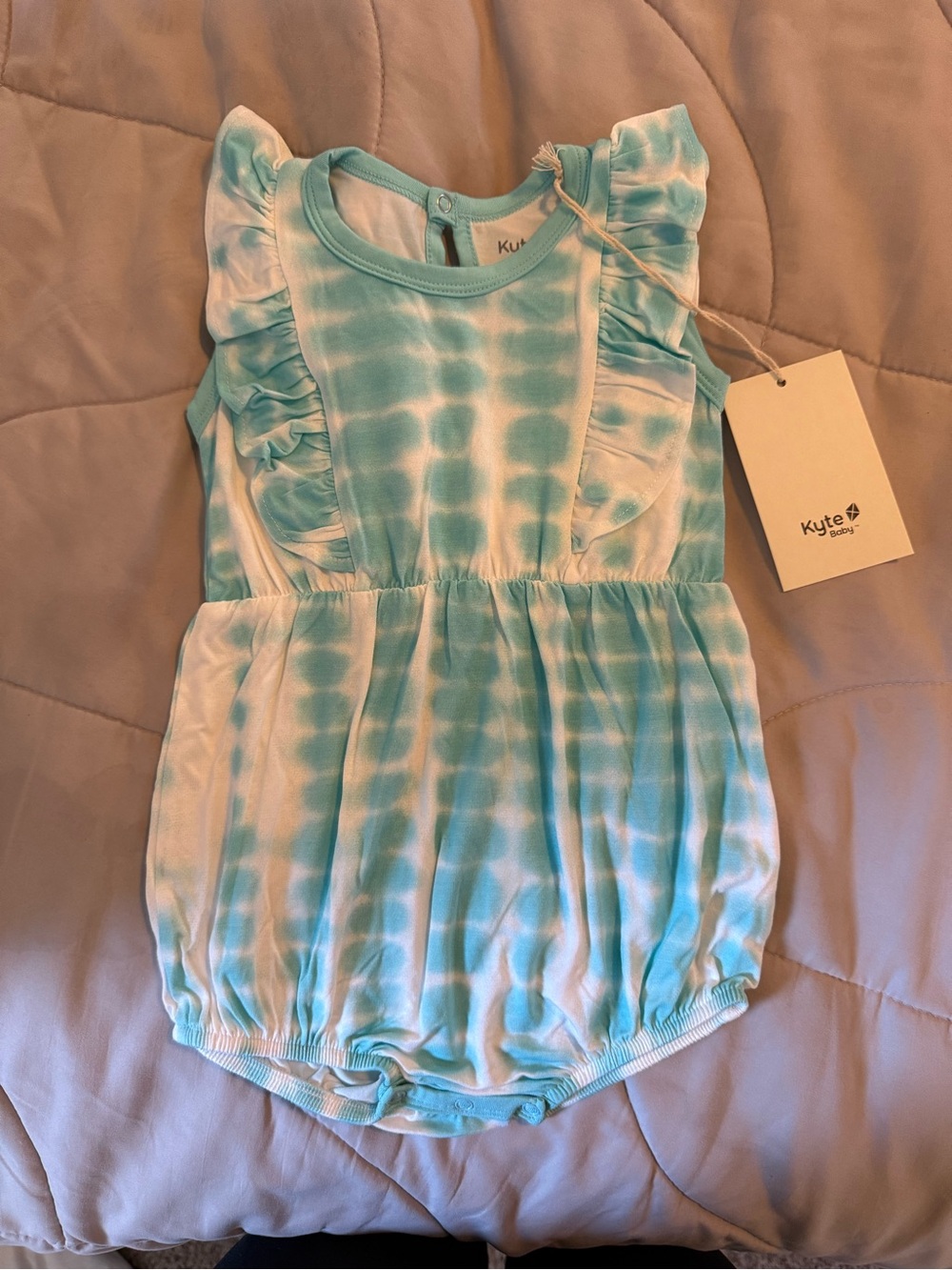 Kyte BABY Aqua and White Tie-Dye Ruffle Romper